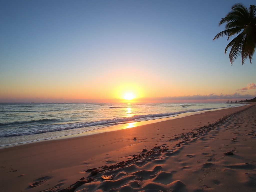 A serene beach with a peaceful sunset