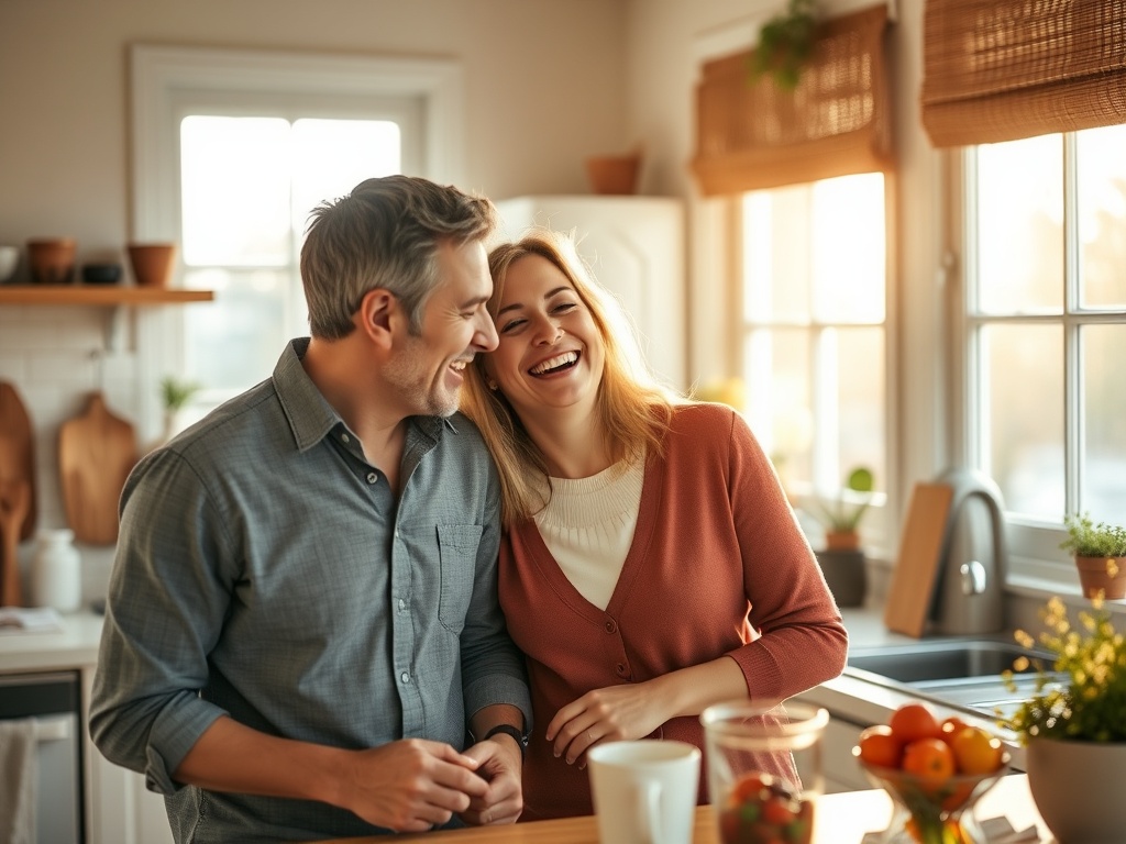 a couple laughing together in a cozy kitchen with morning sunlight, candid natural moment