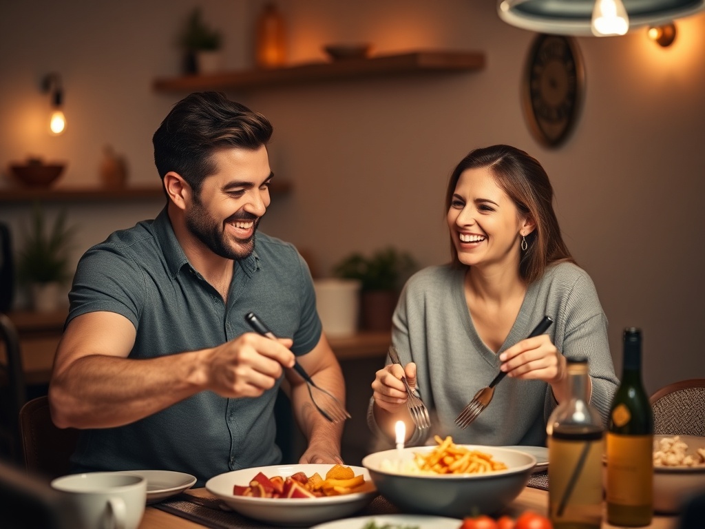 couple cooking dinner together, smiling and relaxed, warm lighting