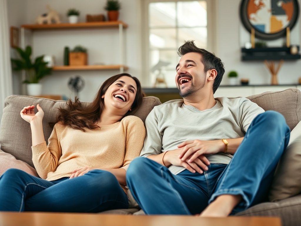 couple laughing uncontrollably on a couch, cozy living room, candid joy