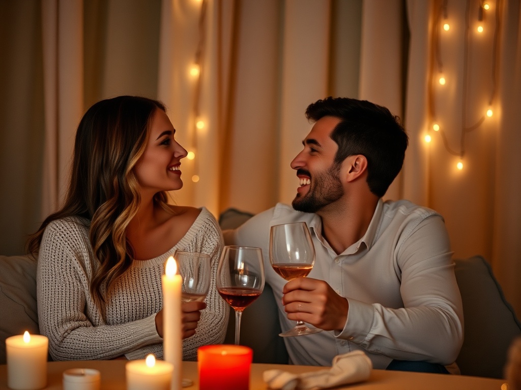 couple on a simple date night at home with candles and soft lighting