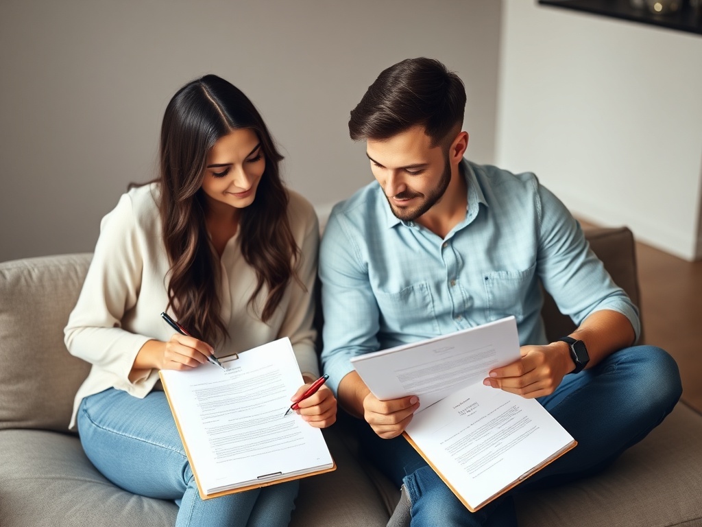 couple sitting together planning goals with notebooks, focused and supportive
