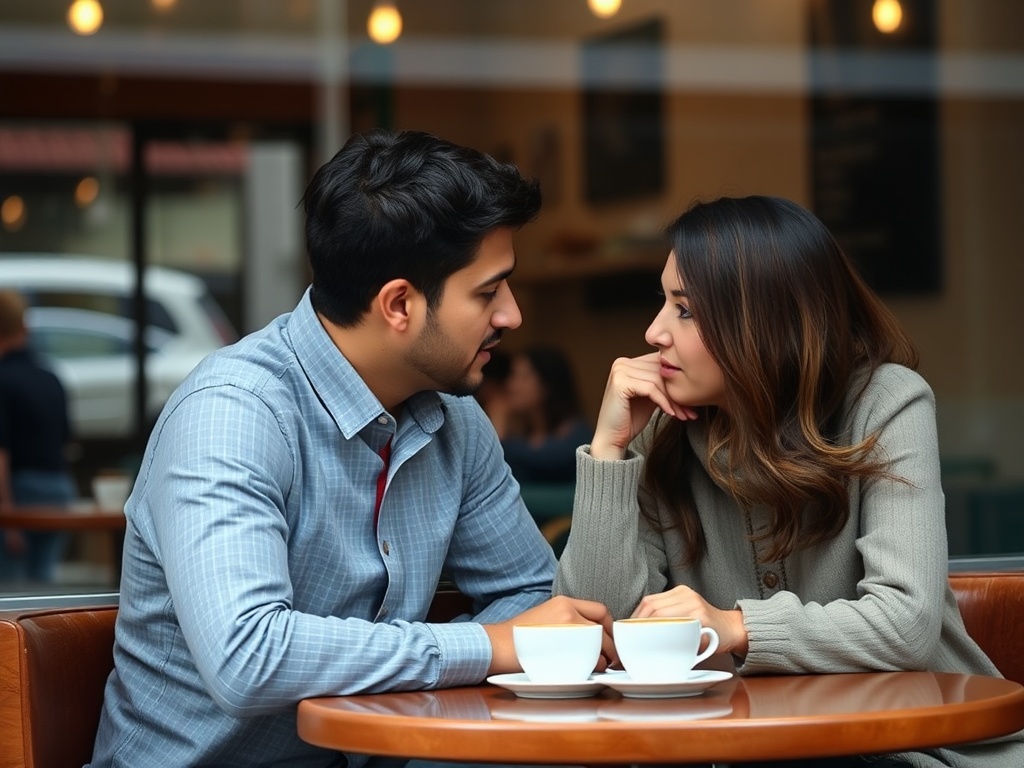 couple talking deeply over coffee at a quiet cafe, intimate conversation