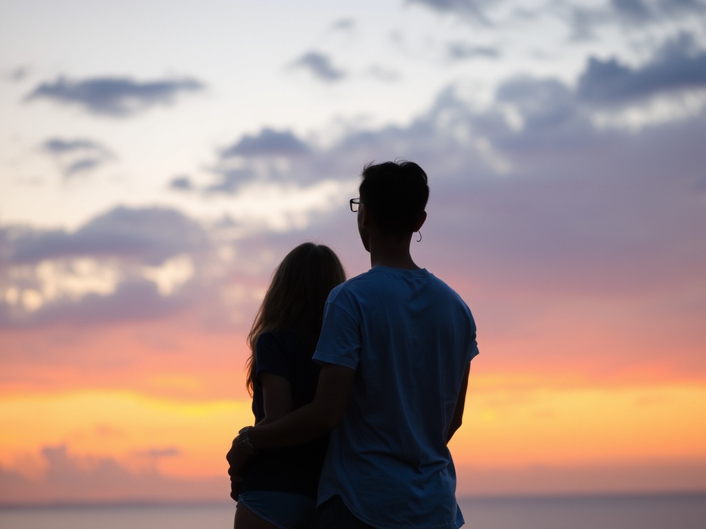 couple watching sunset together quietly, peaceful and connected atmosphere