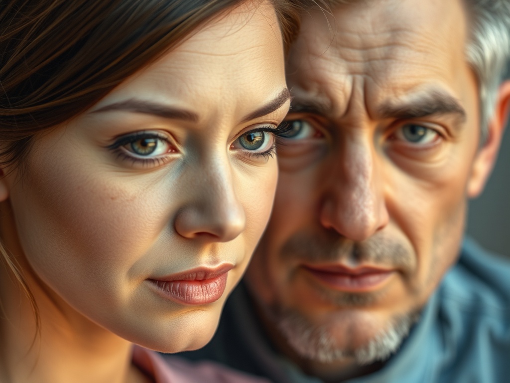 close up couple facial expressions tone awareness calm vs tense contrast