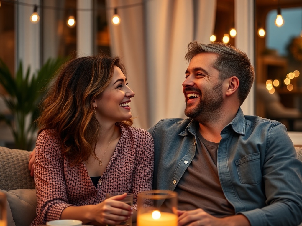 couple laughing talking evening relaxed cozy environment connection