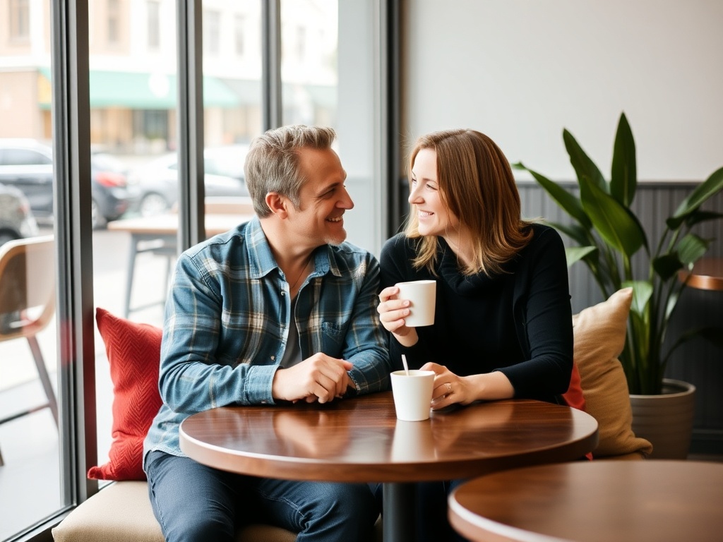 couple scheduling time talking over coffee relaxed environment