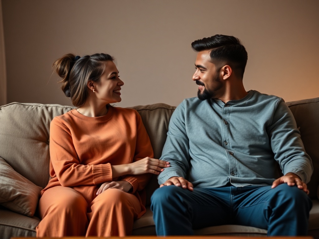 couple sitting on couch talking calmly warm lighting honest conversation