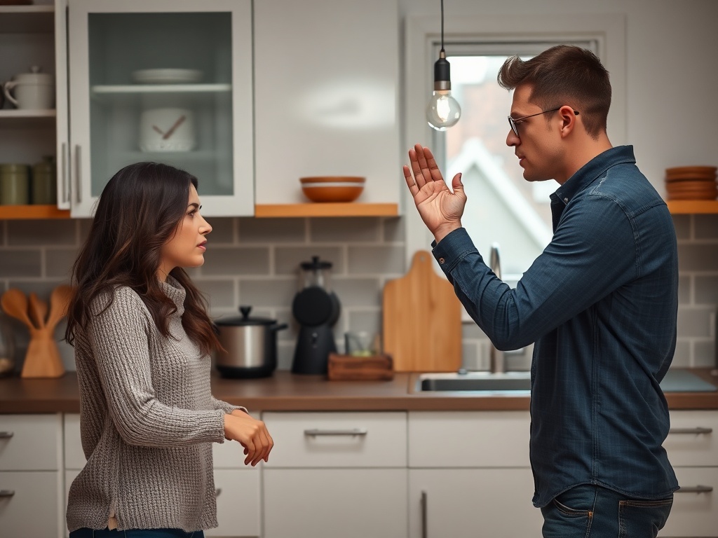 tense couple arguing kitchen emotional expressions contrast