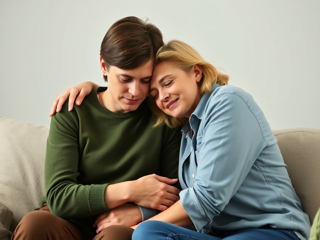 A couple comforting each other during a stressful time, offering a shoulder to lean on, showing compassion and support.