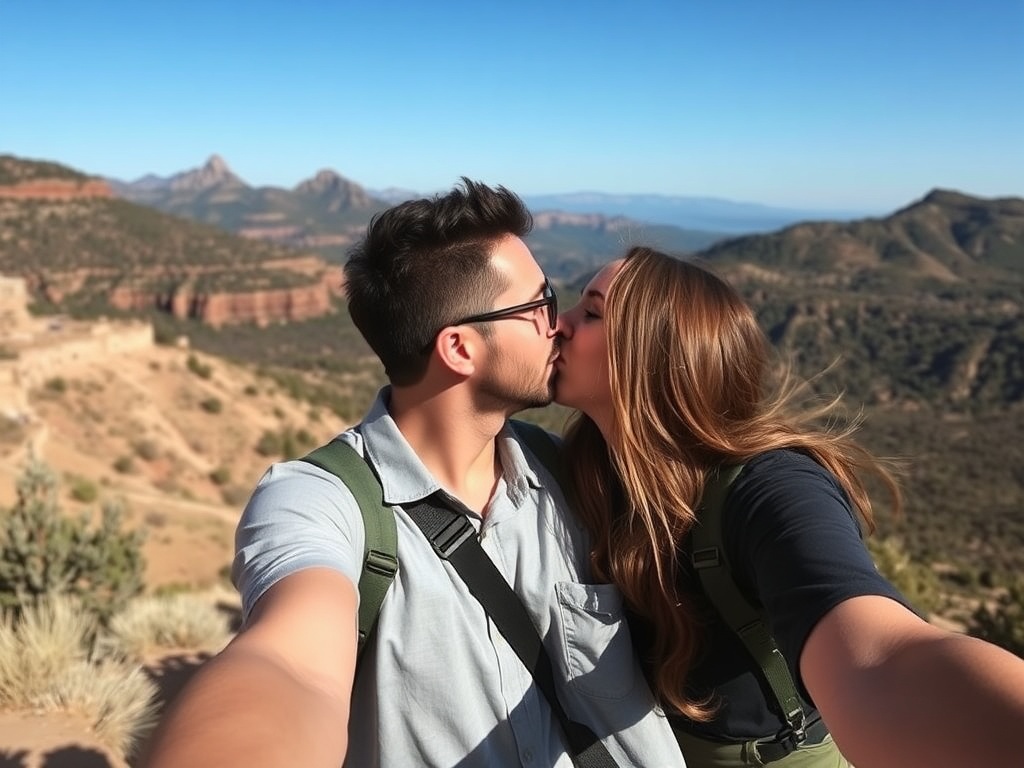 A couple enjoying a fun, spontaneous adventure, like a surprise weekend getaway or a spontaneous kiss in a scenic location.