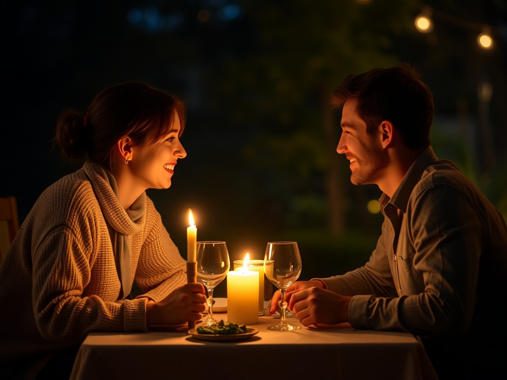 A couple having a candlelit dinner, enjoying a peaceful and intimate moment, free from distractions.