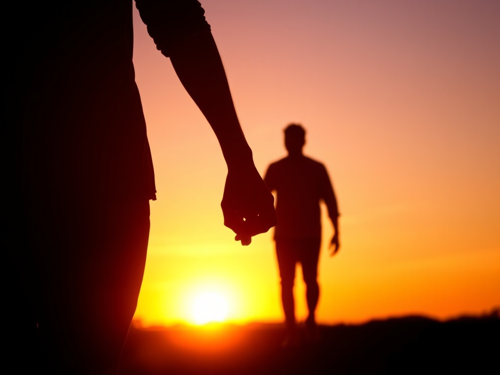 A couple holding hands in the sunset, their silhouettes glowing in the warm light, symbolizing unity and love.