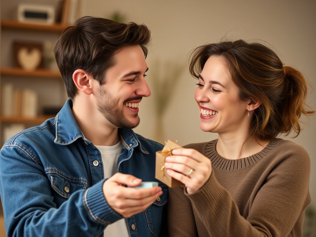 A couple sharing a smile, one partner offering a small gift or gesture of appreciation to the other.