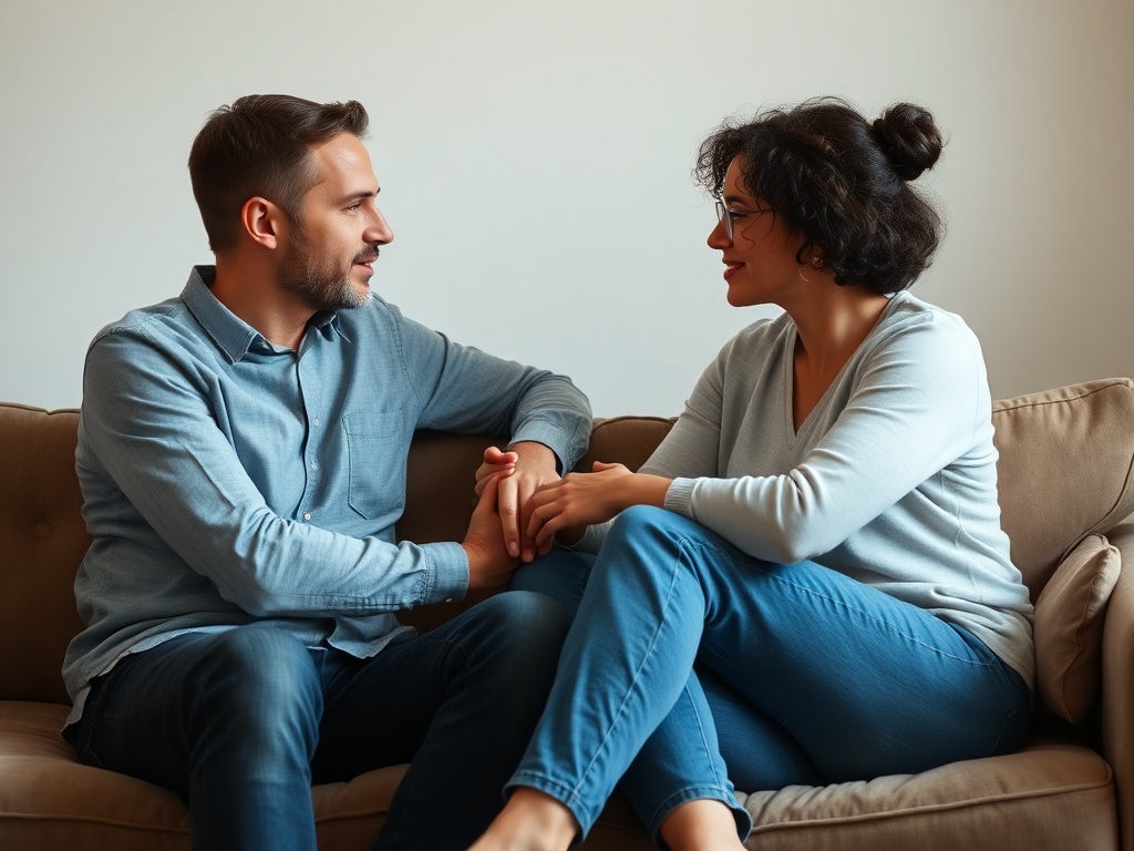 A couple sitting on a couch, facing each other and having a deep conversation, showing empathy and active listening.