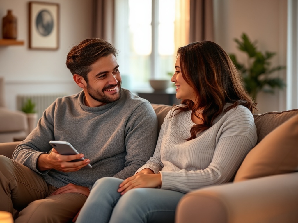 a couple sitting together on a couch in soft evening light, phones away, relaxed and talking honestly, warm cozy living room