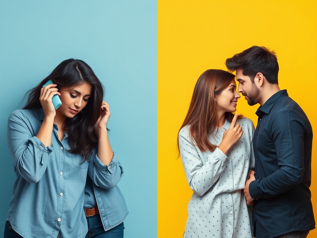 contrast image of two couples, one disconnected on phones, one engaged and talking, clear emotional difference