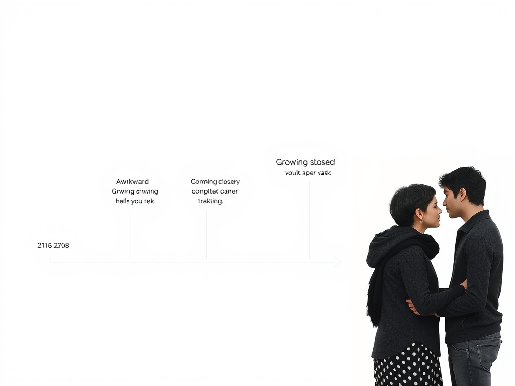 timeline visual showing progression from awkward to connected, couple growing closer over time, subtle emotional improvement