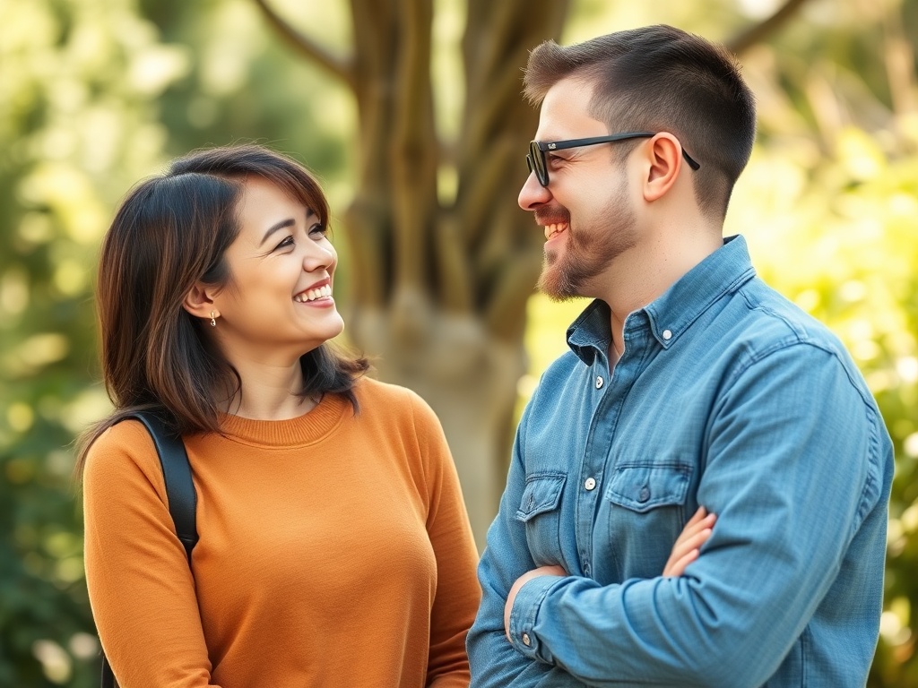 two people smiling and making eye contact while talking, simple moment of appreciation, natural lighting