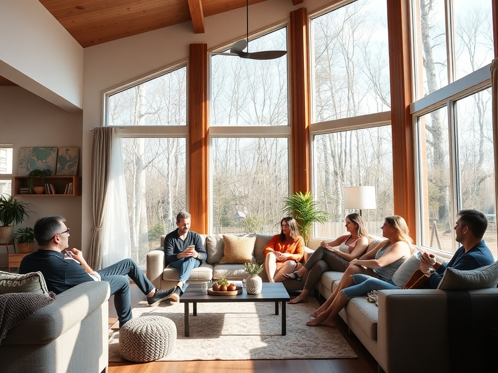 cozy modern vacation rental living room with large windows, group of friends relaxing together, bright natural light