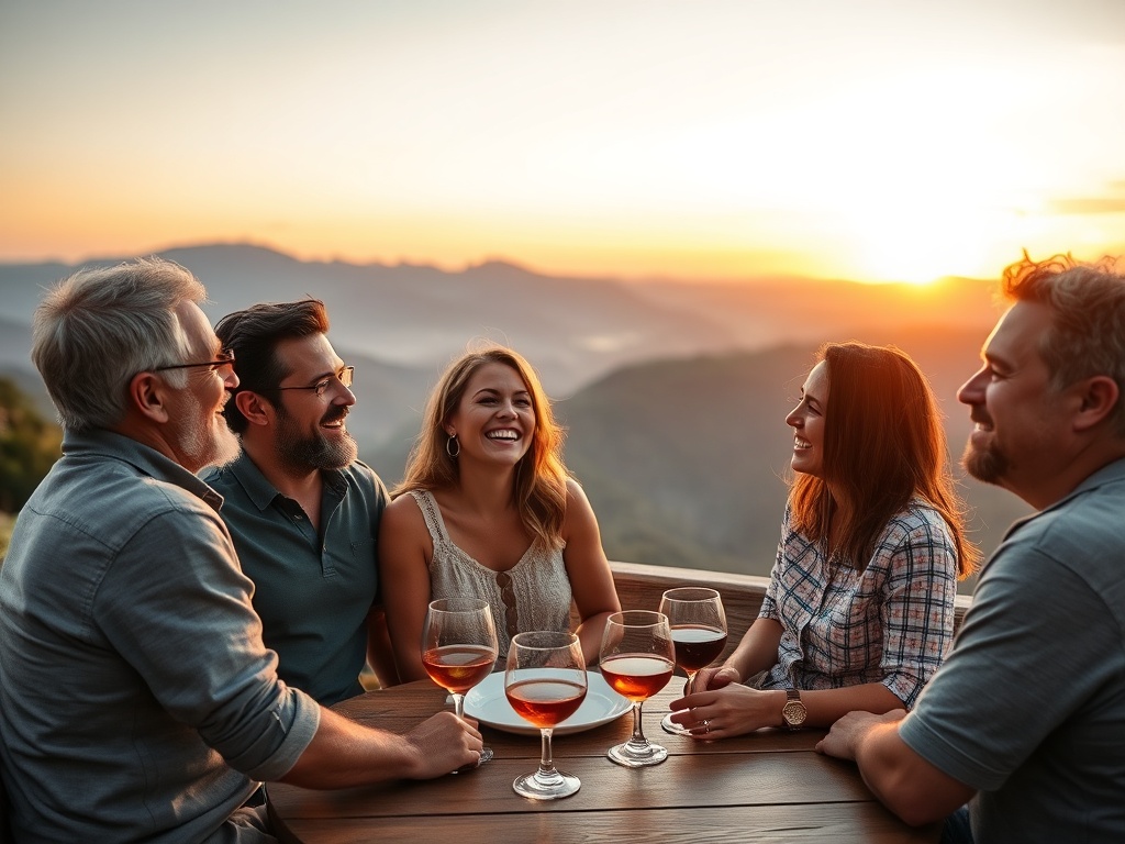four couples laughing together at a scenic vacation rental overlooking mountains at sunset, warm golden light, relaxed happy atmosphere