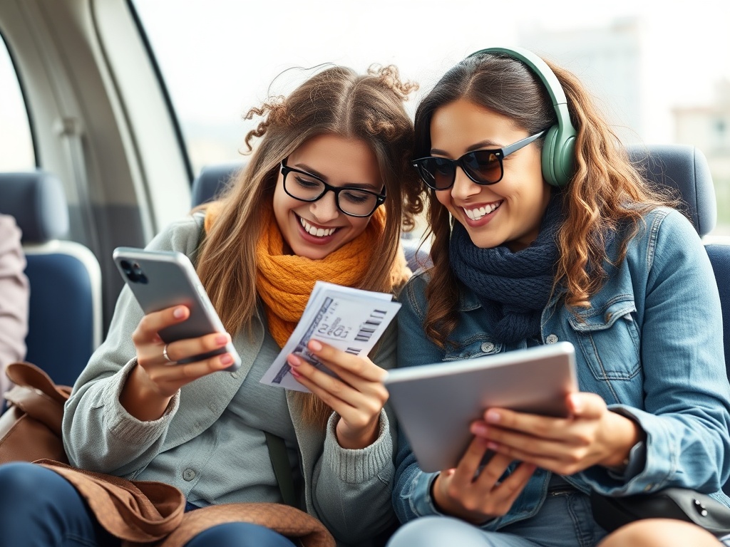 friends reviewing expenses on a phone together, relaxed cooperative mood, travel setting