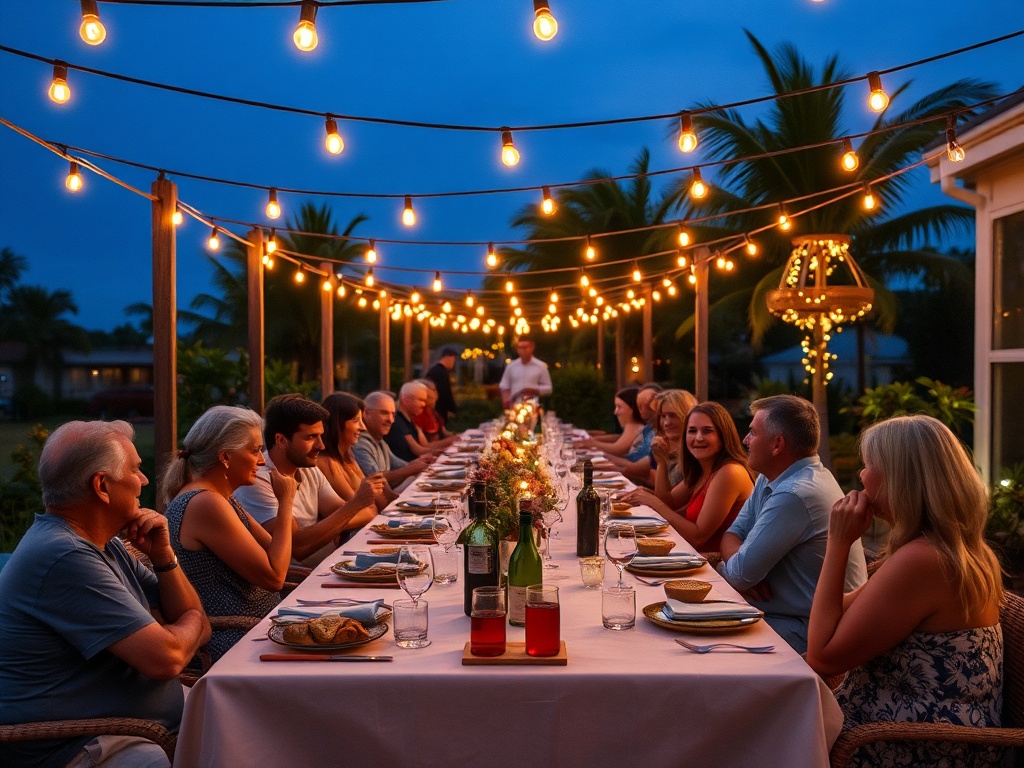 group at a long outdoor dinner table under string lights, relaxed vacation evening, warm tones