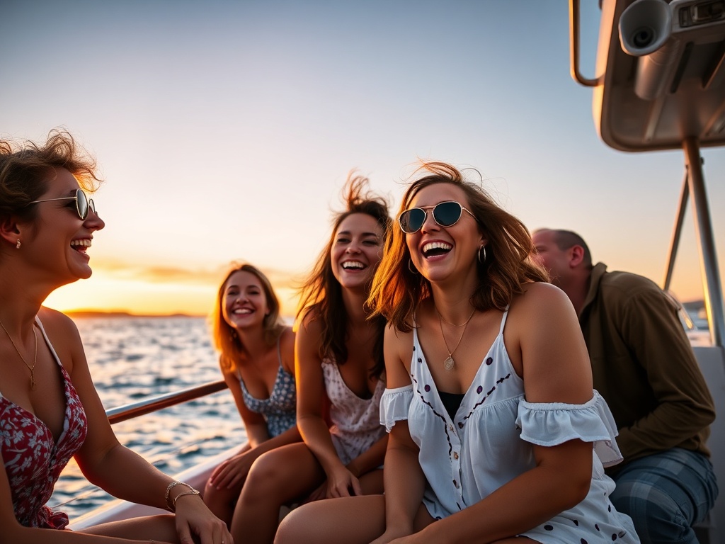 group laughing together on a boat during sunset, candid joyful moment, golden hour light