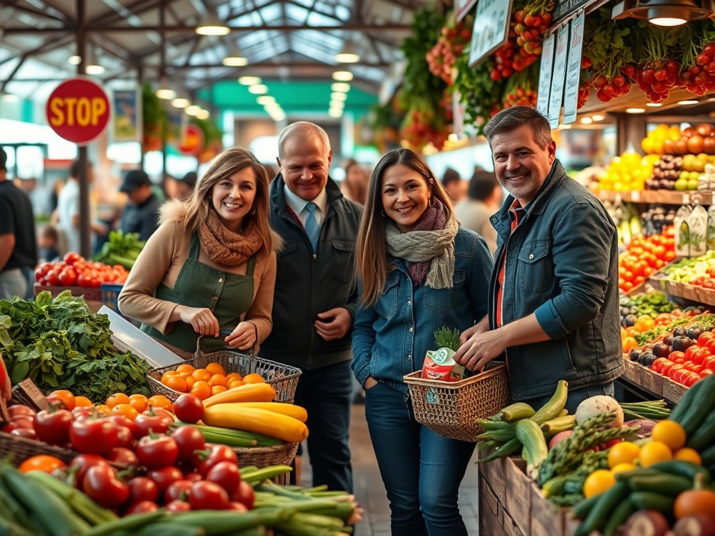 group of friends grocery shopping together at a local market, colorful produce, lively atmosphere