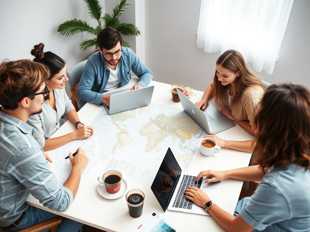 group of friends sitting around a table planning a trip with maps, laptops, coffee, collaborative and engaged mood