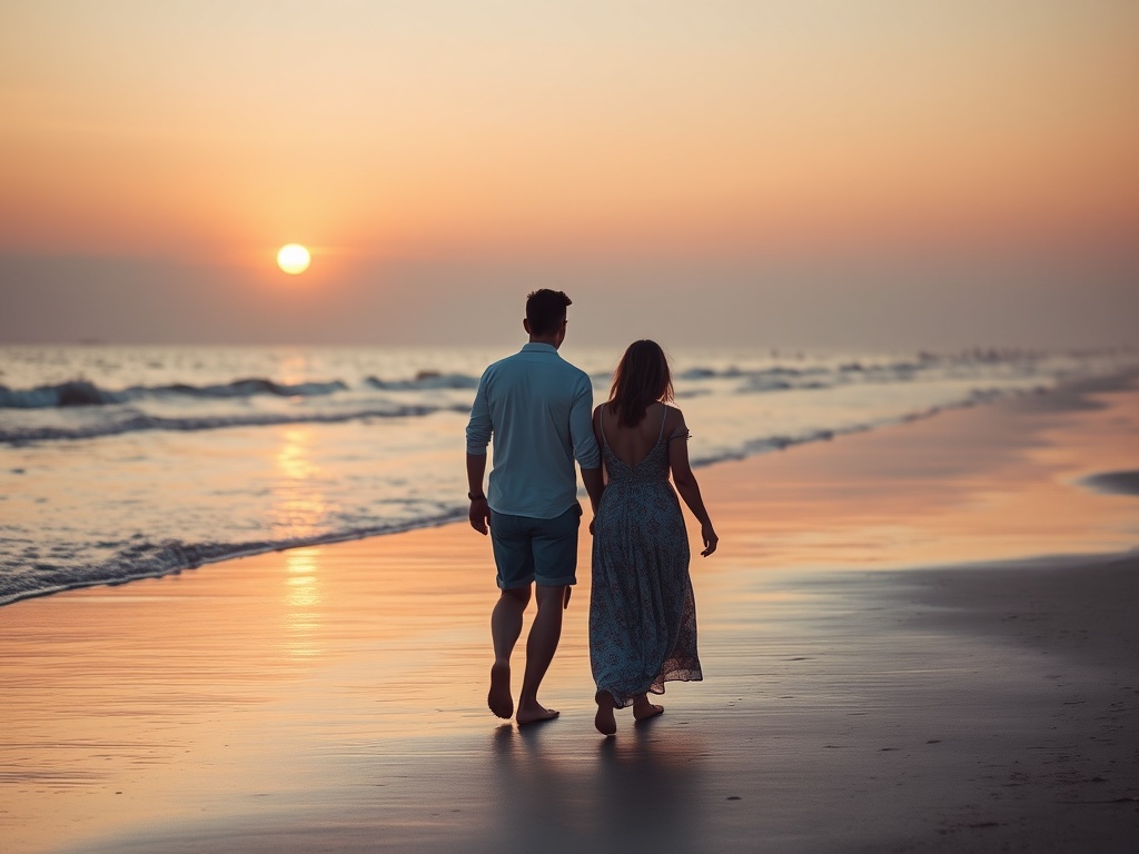 two couples walking separately along a beach at sunset, peaceful and relaxed, soft light