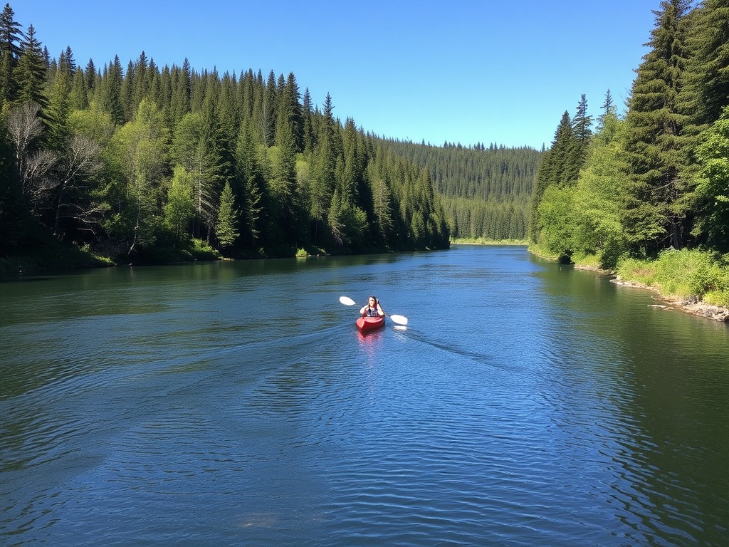Capture a tranquil river in Courtenay surrounded by forest, with a kayaker gliding across the water. Include clear skies and the beauty of untouched nature.