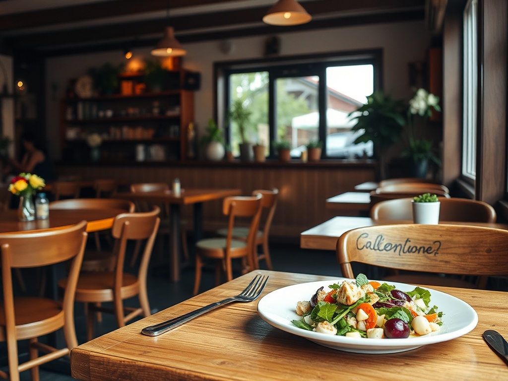 Show a cozy cafe in Courtenay with wooden tables and a warm, rustic vibe. Include a fresh seafood dish or a vibrant salad on the table.