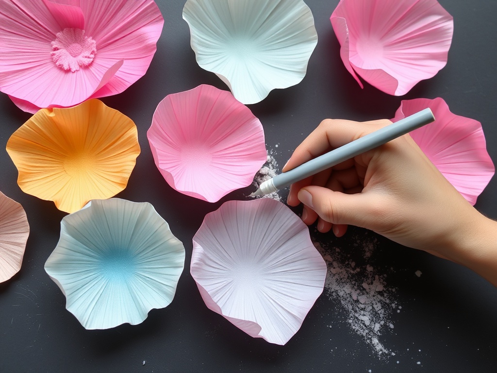 artist softly shading crepe paper petals with pastel chalk creating gradient tones