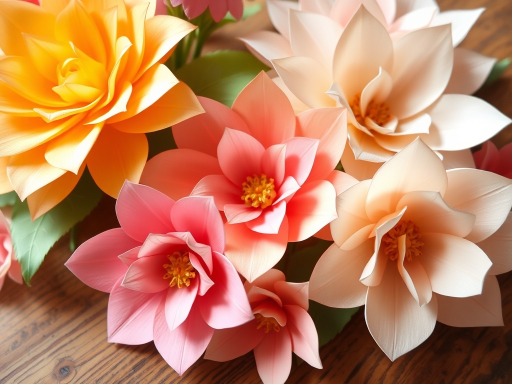 close-up of realistic handmade paper flowers with soft gradients and curled petals on a wooden craft table