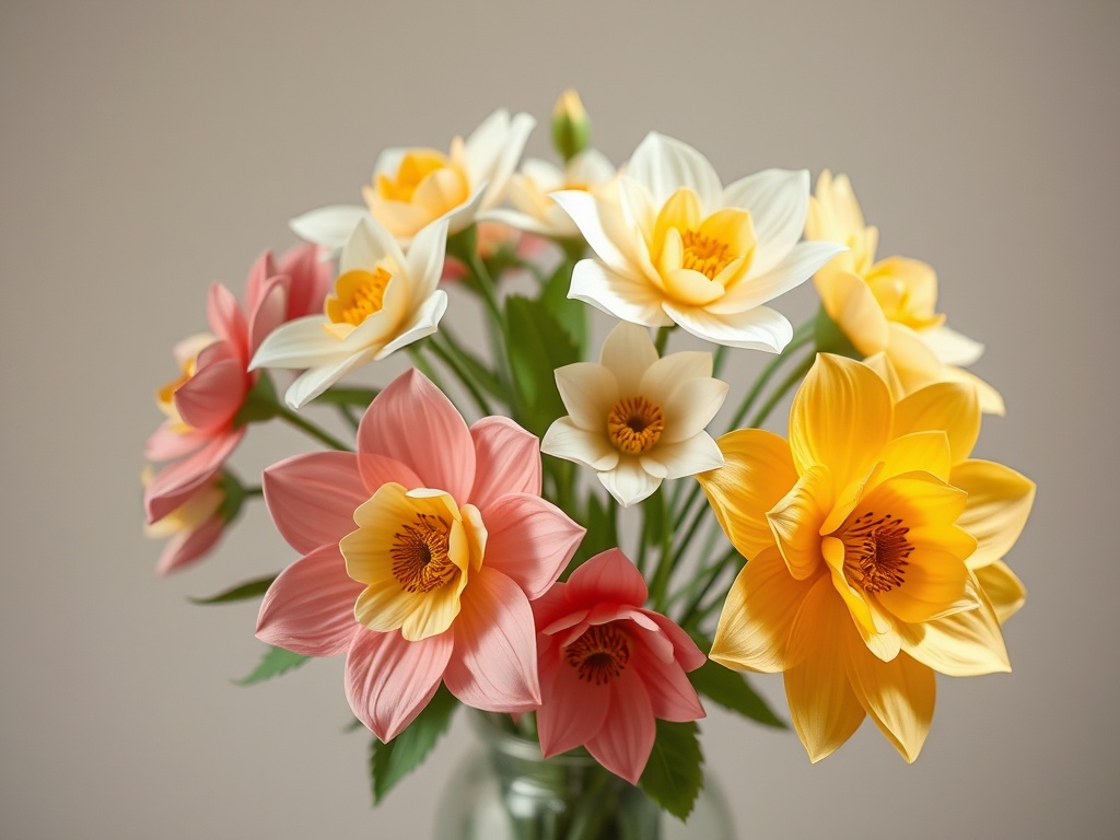 finished realistic paper flowers arranged in a vase with soft natural lighting