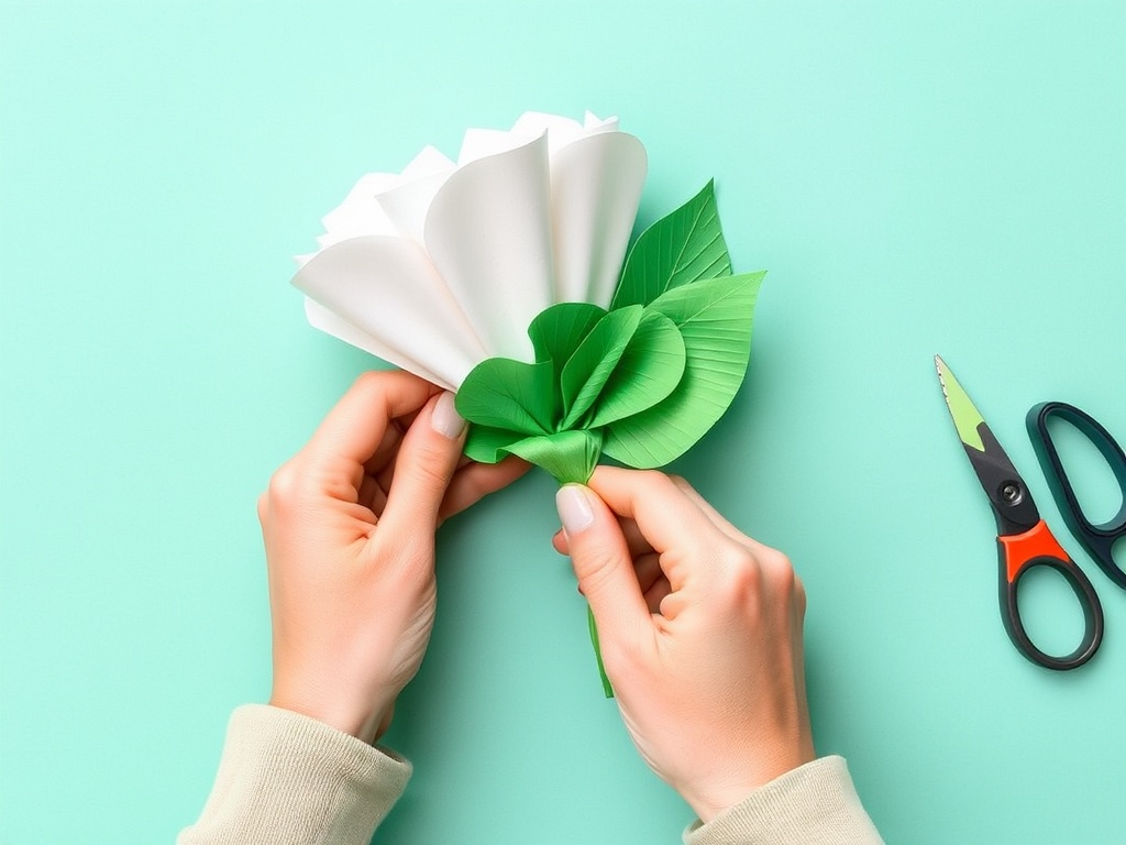 hands wrapping floral tape neatly around a paper flower stem with green crepe texture