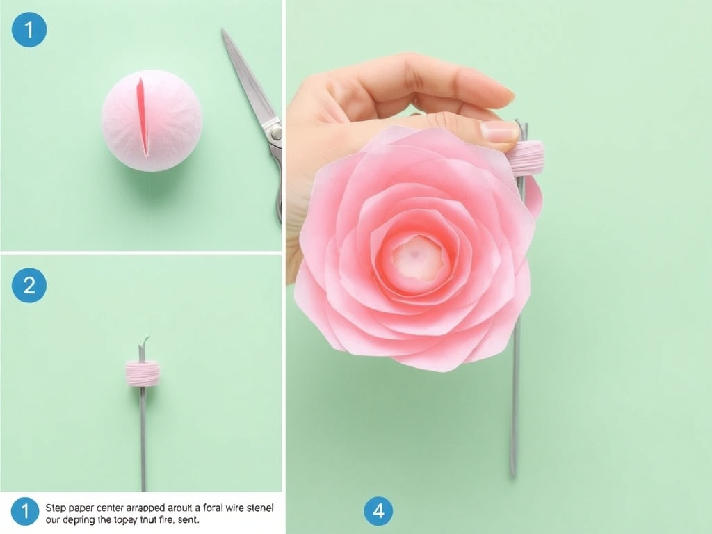 step-by-step assembly of paper flower center wrapped around floral wire stem