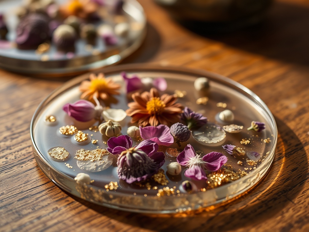 close-up of glossy resin coasters with dried flowers and gold flakes on a wooden table, natural light, high detail