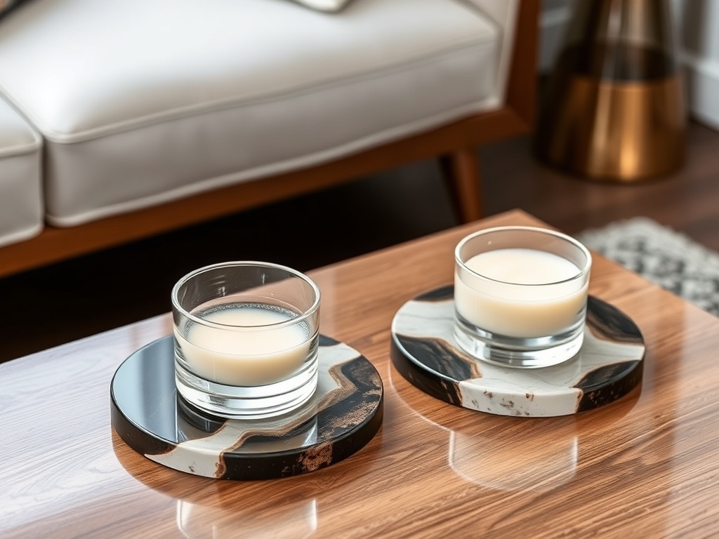 finished resin coasters glossy smooth edges polished, modern aesthetic on coffee table