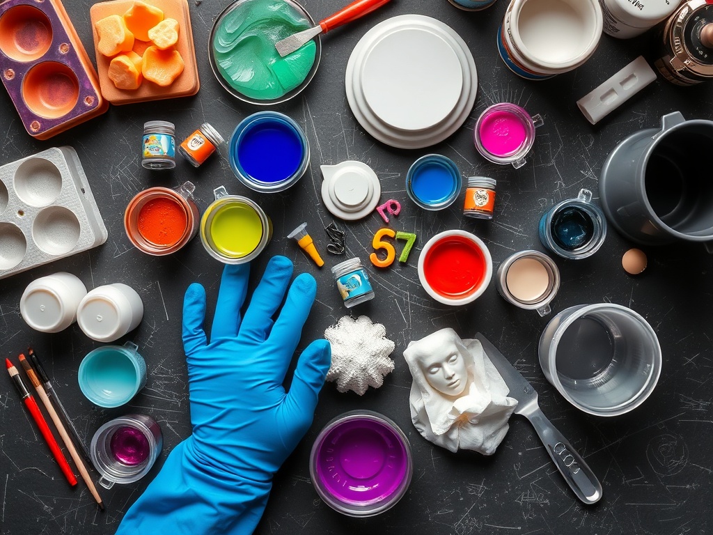 flat lay of resin crafting supplies including molds, pigments, gloves, mixing cups neatly arranged on a craft table