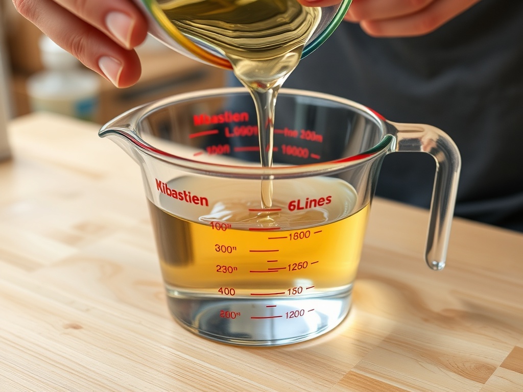pouring clear epoxy resin into measuring cups with precise markings, close-up, clean workspace