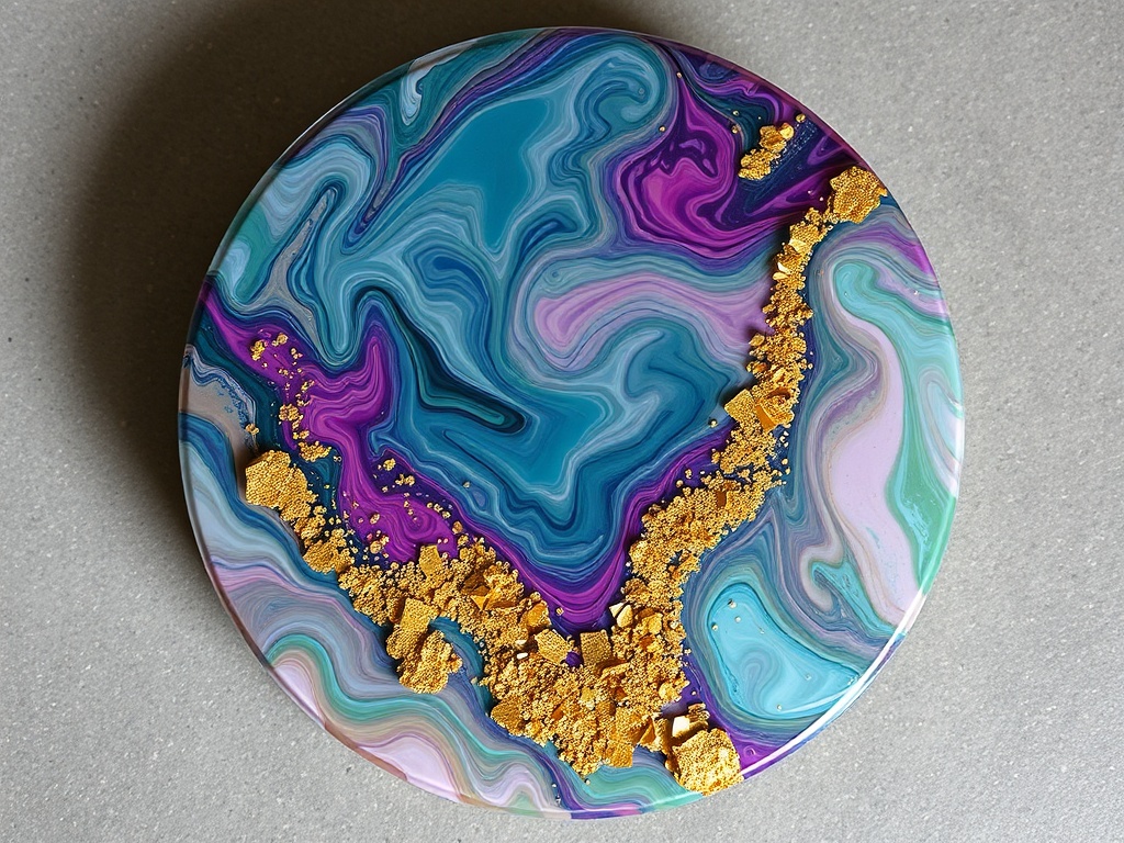 resin coaster mold filled with swirling colored pigments and gold flakes, artistic top view