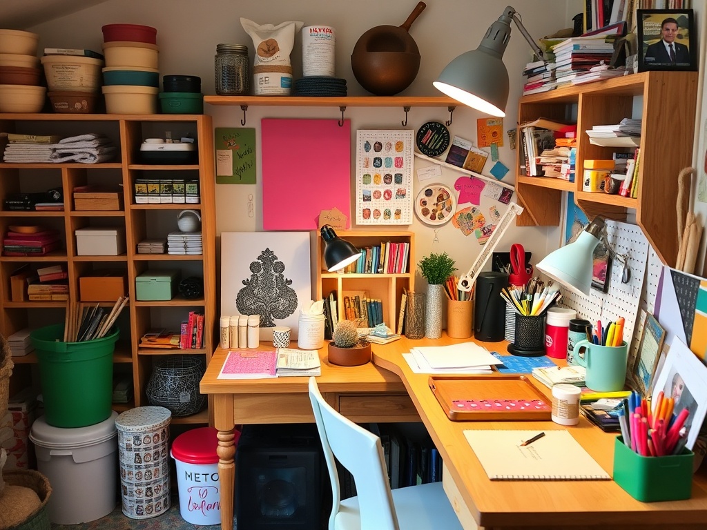 A cozy crafting space with a desk, tools, and colorful materials