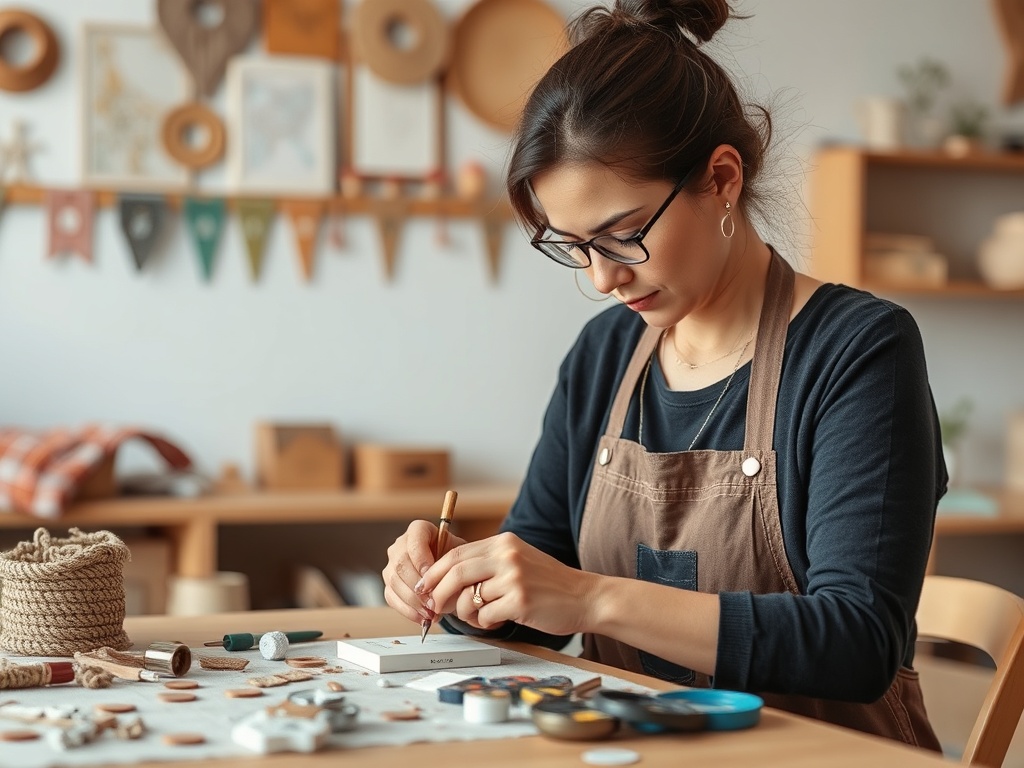 A crafter patiently working on a detailed DIY project