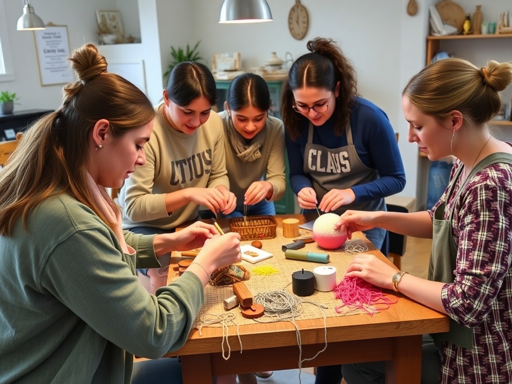 A group of crafters collaborating on a project together