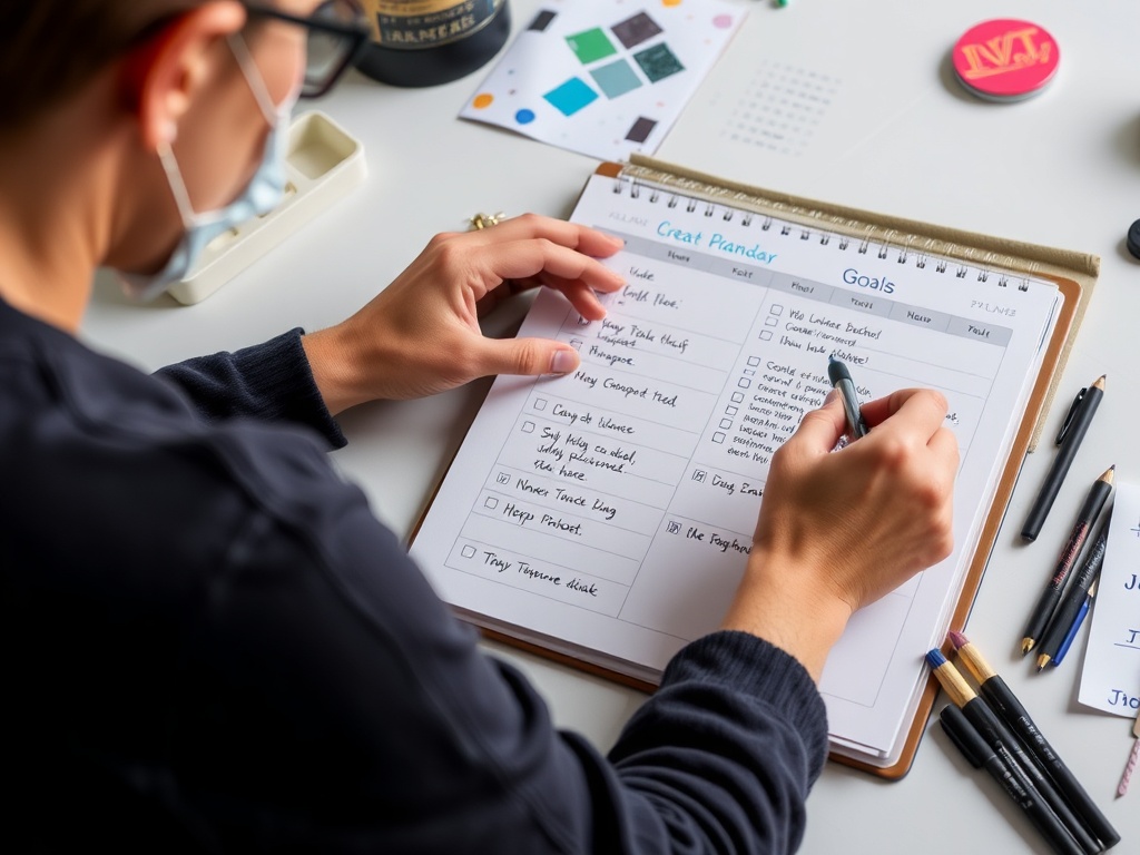 An artist setting creative goals on a planner