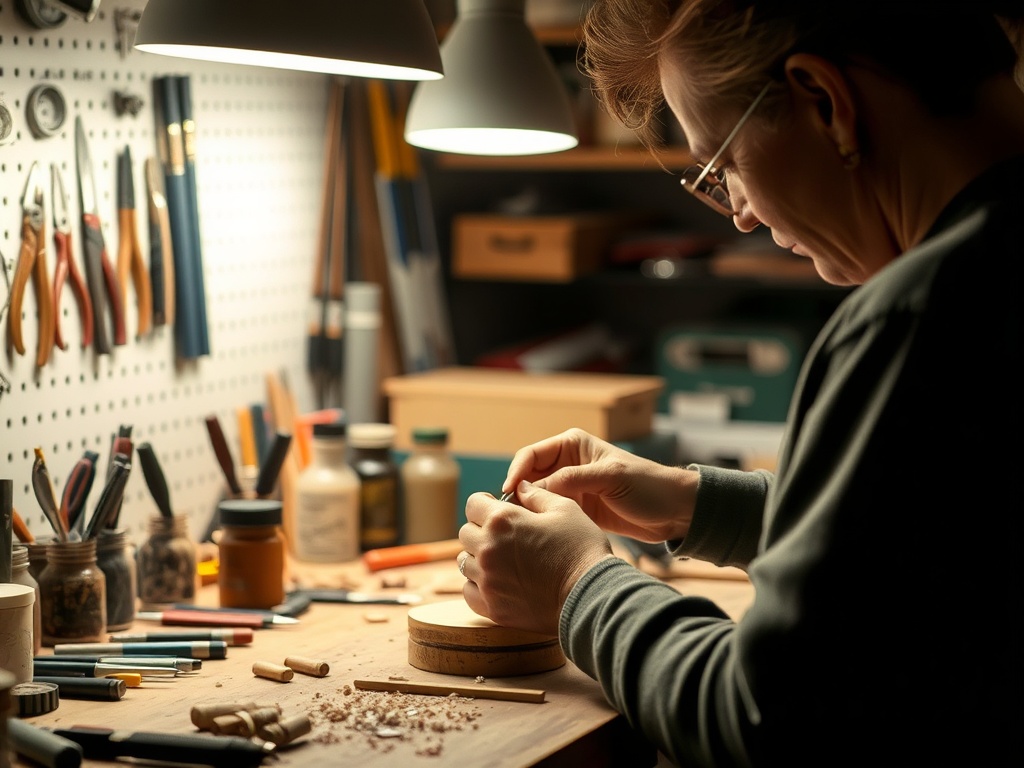 a beautifully lit craft workspace with tools neatly arranged and a person carefully refining details on a handmade project