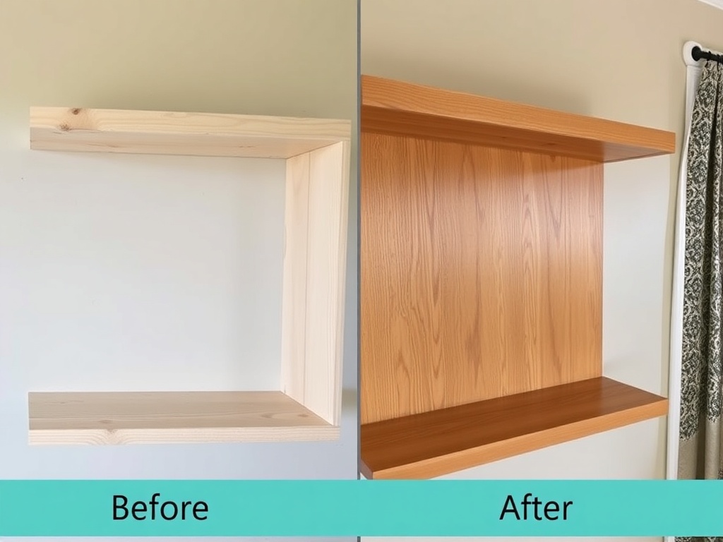 before and after comparison of a DIY wooden shelf, one rough and unfinished, one smooth and polished