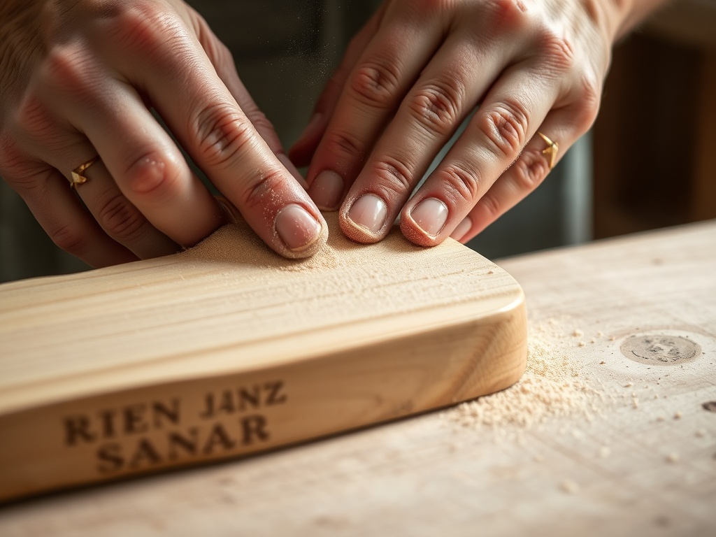 close-up of hands sanding a wooden craft piece with fine grit sandpaper, soft natural lighting, dust particles visible
